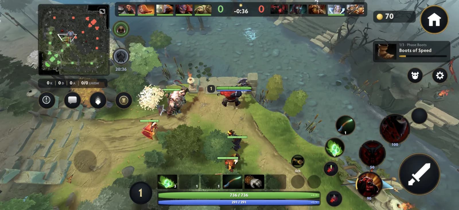 Dota 2 Mobile Android gameplay with minimap, hero portraits, virtual joystick and skill buttons