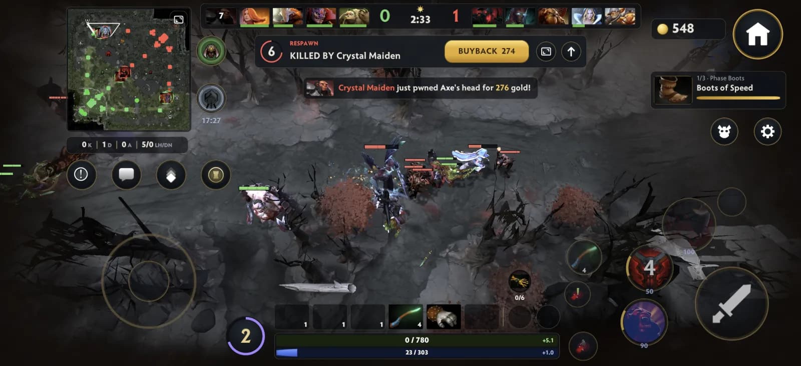 Respawn timer and buyback button after a hero is killed in the Android game
