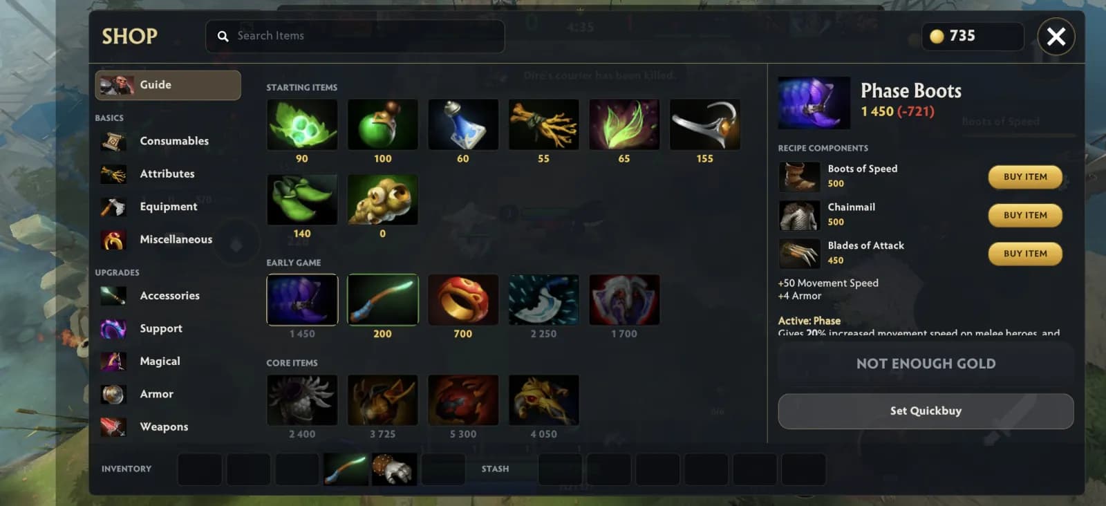 Item shop with Phase Boots recipe, prices and a Set Quickbuy button on Android