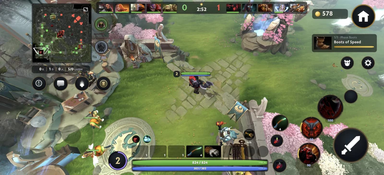 Dota 2 Mobile lane gameplay on Android with item slots, health and mana bars