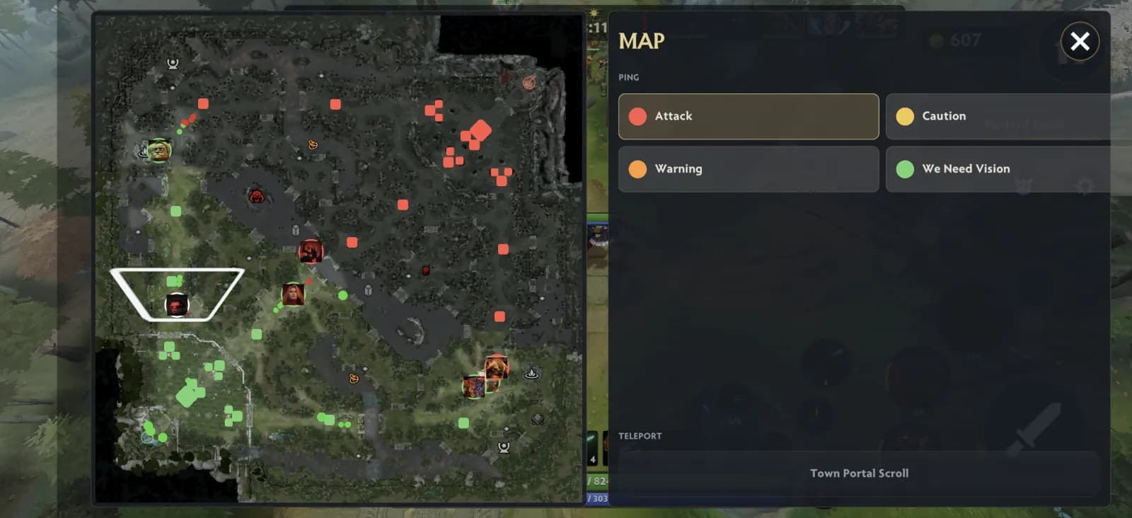 Full map with ping options and a Town Portal Scroll button on Android