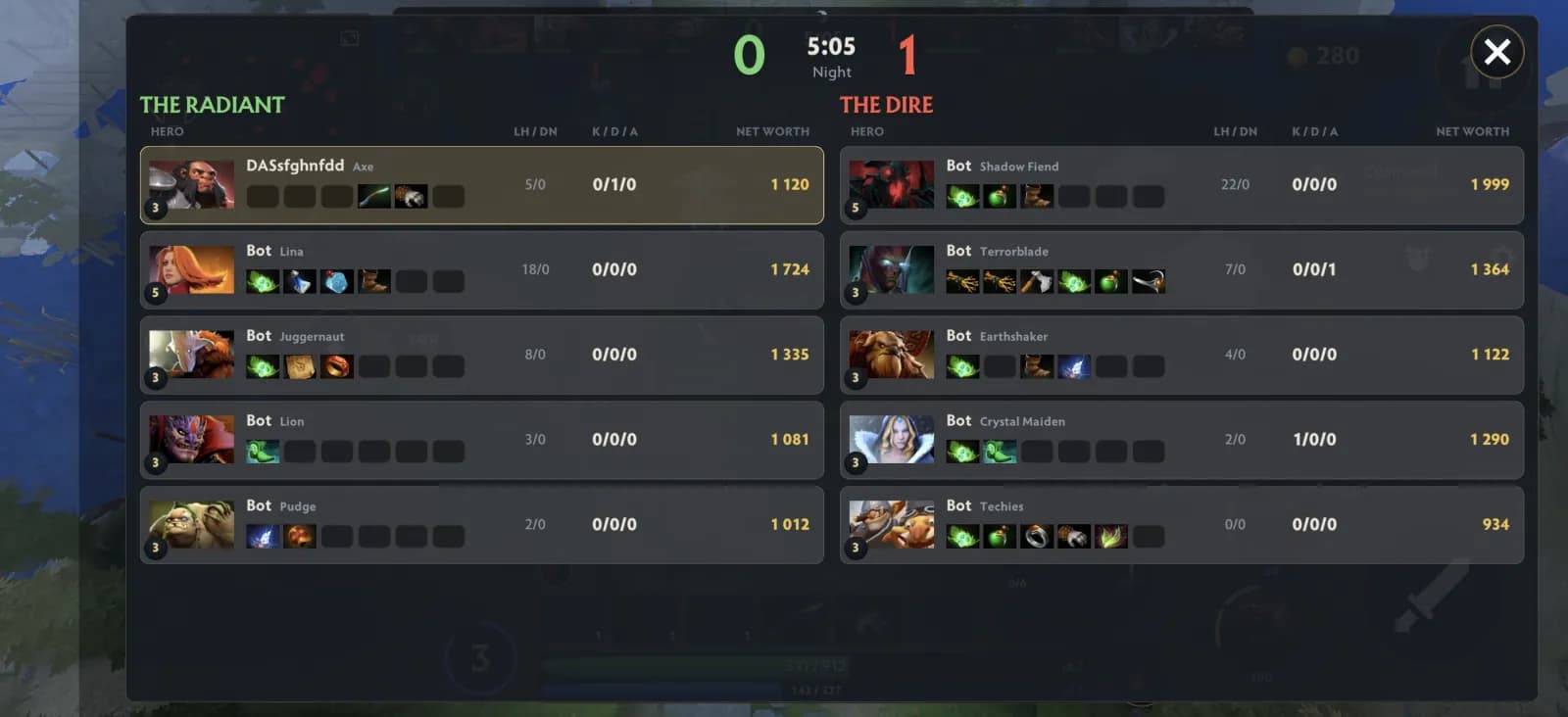 Dota 2 Mobile scoreboard with Radiant and Dire heroes, kills and net worth