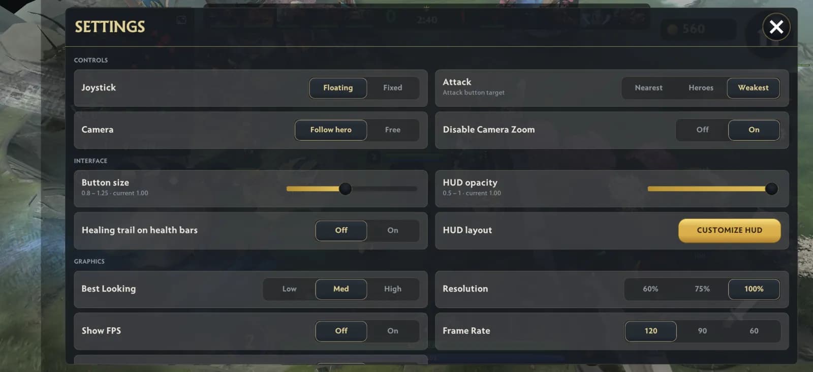 Dota 2 Mobile settings screen with joystick, attack target, camera, HUD and graphics options