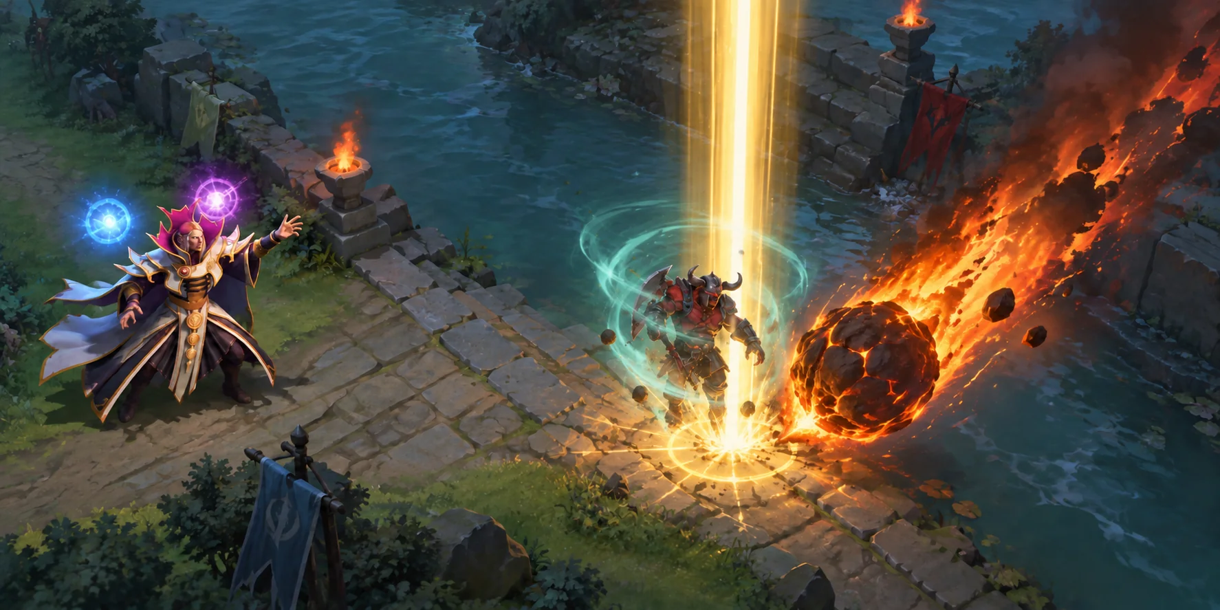 Illustration of Sun Strike and Chaos Meteor converging near the landing point of an Eul cyclone.