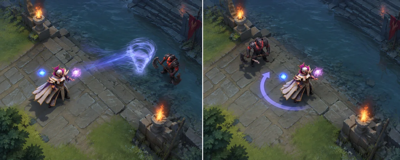 Two Dota 2 mid-lane views: Invoker faces the enemy and casts Tornado directly in the first, while the enemy stands behind him in the second and a ground arc shows the turn required before casting.