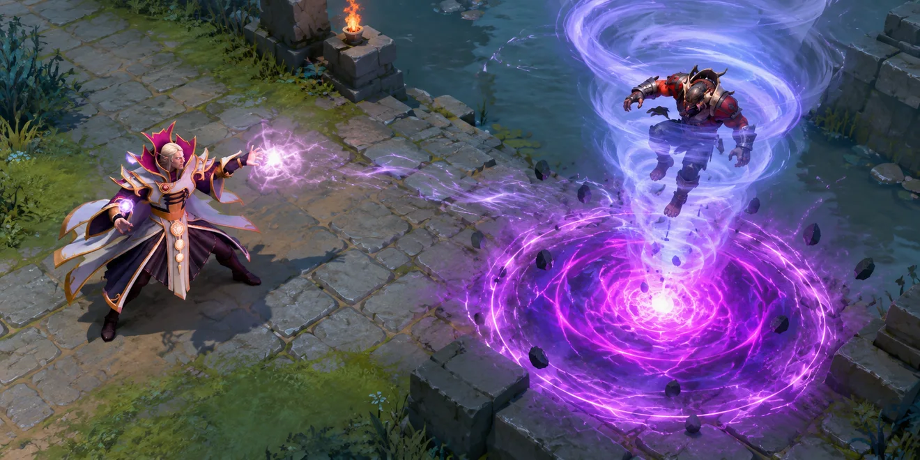 Invoker lifts an opponent with Tornado above a purple EMP area covering the expected landing point.