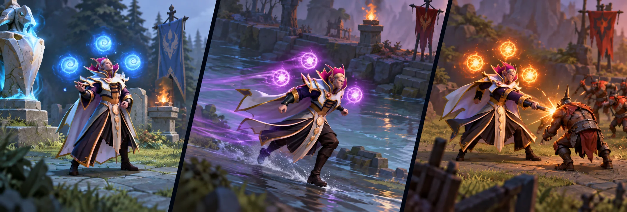 Three panels show Invoker with three blue Quas orbs recovering near a tower, three violet Wex orbs running along the river, and three orange Exort orbs last-hitting a lane creep.