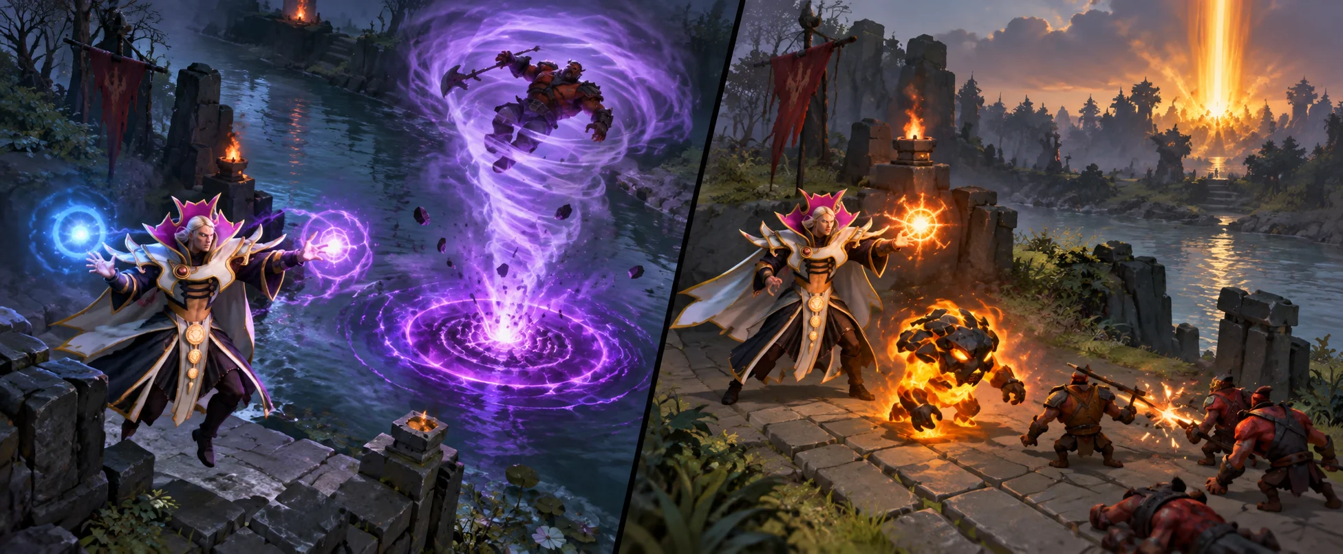 Две боевые сцены Dota 2: Invoker QW устраивает засаду у реки с Tornado и EMP; Invoker QE стоит на линии с Forged Spirit, пока вдали падает Sun Strike.