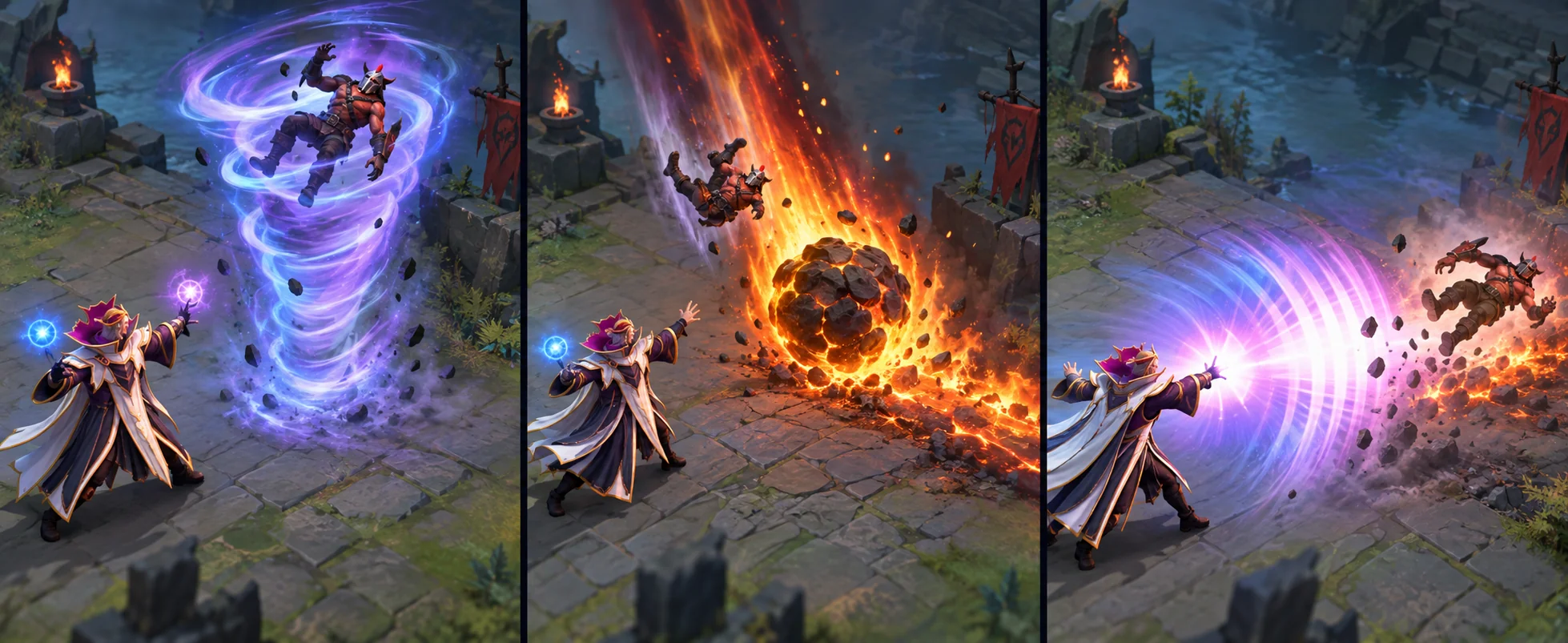 Three battle panels show Invoker lifting one enemy with Tornado, dropping Chaos Meteor as the enemy descends, then using Deafening Blast to push the enemy along the meteor fire trail.